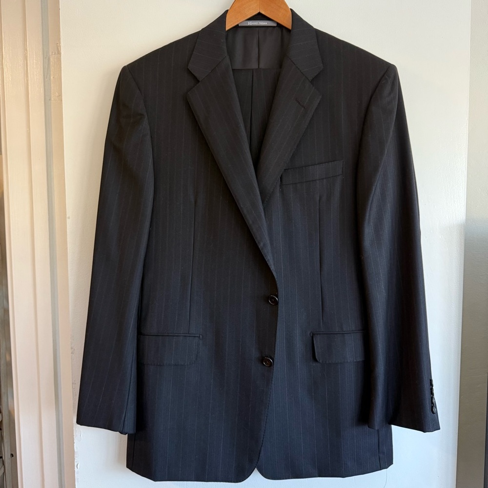 Hickey Freeman Worsted Wool Black with Grey Pinstripe Suit